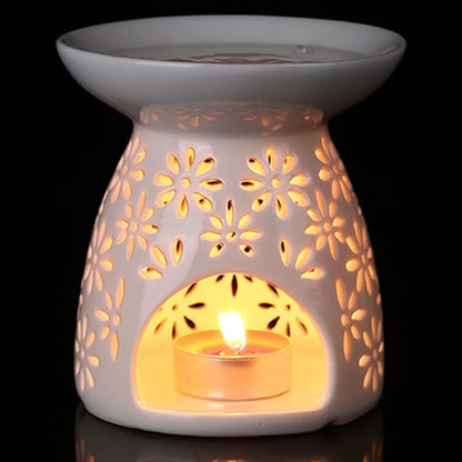 Ceramic Tea Light Holder, Aromatherapy Essential Oil Burner, Wax Warmer, Tealight Holder with White Floral Pattern for Home Decoration, 2PCS