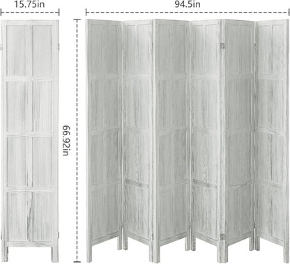 Wood Room Divider 6 Panel Folding Privacy Screen, Classic 5.6Ft Indoor Wooden Partition, Portable Partition Wall Divider for Room Separation, Home, Office, Bedroom, Restaurant (White)