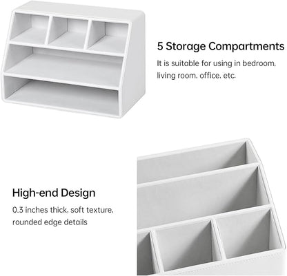 MEIBOOCH PU Leather Desk Organizer, Luxury Remote Control Holder for Home, Office Desk Accessories Table Caddy Bedside Nightstand Organizer (White)