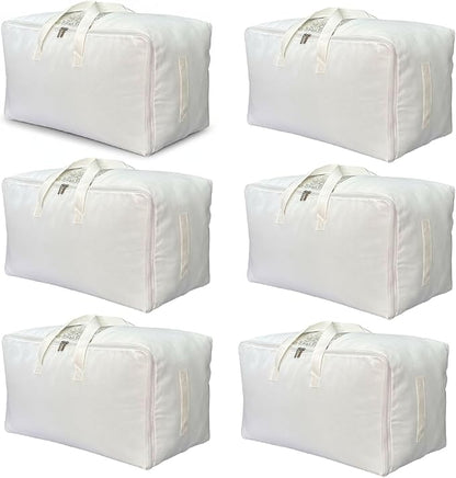 Soft Canvas Clothes Storage Bags with Four Carrying Handles and Clear Window, Closet Organizer for Clothing, Blankets Sheets Pillows and Bedding, 55L, 6 Pack, White