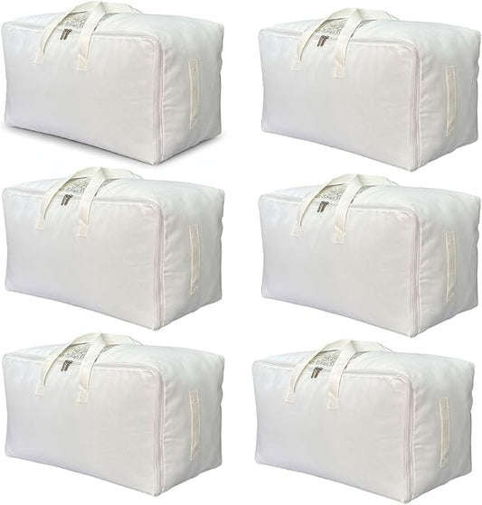 Soft Canvas Clothes Storage Bags with Four Carrying Handles and Clear Window, Closet Organizer for Clothing, Blankets Sheets Pillows and Bedding, 55L, 6 Pack, White