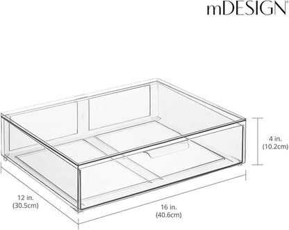 mDesign Wide Plastic Stackable Bathroom Storage Organizer Bin with Pull Out Drawer for Cabinet, Vanity, Shelf, Cupboard, Cabinet, Countertop, Closet Organization - Lumiere Collection - 2 Pack - Clear