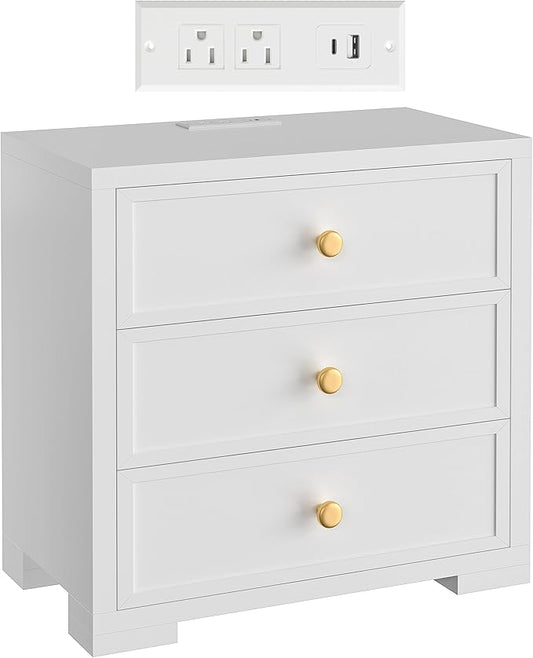 COWMOU Nightstand with Drawers 3 Drawer Night Stand with Charging Station Farmhouse Style Large Bed Side Table Wooden Dresser for Bedroom Living Room (1, White)