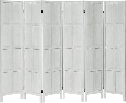 Wood Room Divider 6 Panel Folding Privacy Screen, Classic 5.6Ft Indoor Wooden Partition, Portable Partition Wall Divider for Room Separation, Home, Office, Bedroom, Restaurant (White)