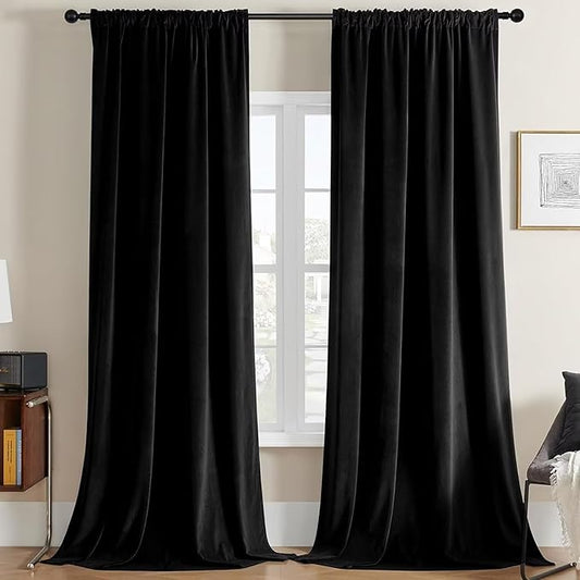 Joydeco Black Velvet Curtains 96 inch Length 2 Panels, Luxury Blackout Rod Pocket Thermal Insulated Window Curtains, Super Soft Room Darkening Drapes for Living Dining Room Bedroom,W62 x L96 inches