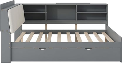 Ball & Cast Full Size Wooden Storage Daybed Frame, Modern Platform Bed with Trundle & Flip Headboard & Shelves, L Shaped Full Floor-Bed w/Upholstered Headboard&Storage, No Box Spring Needed, Gray
