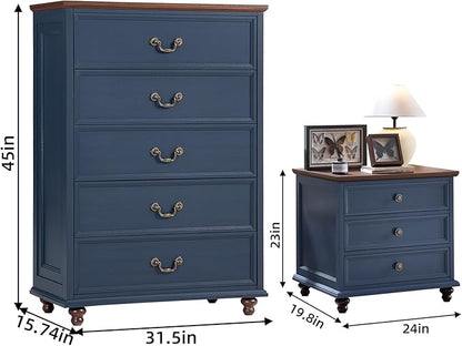 24" Wide Farmhouse Nightstand Set of 2, 45" Tall Rustic Chests of 5 Drawers w/ 4 Solid Wood Feet, Farmhouse Furniture Series for Living Room,Bedroom,DarkBlue