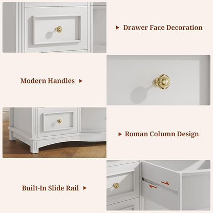 9-Drawer Chest, Wide Dresser with 3 Large Arc Fronts,Roman Column Decor, Spacious Bedroom Storage Furniture, 55 Inch Long (White, 9 Drawer)