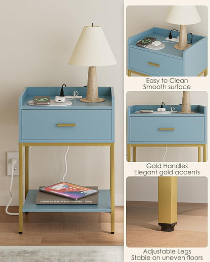 Masupu Nightstand with Charging Station,3-Tier Modern Bedside Night Stand with Storage Drawer and Shelf,Small End Side Table for Bedroom,Living Room,Gold and Blue