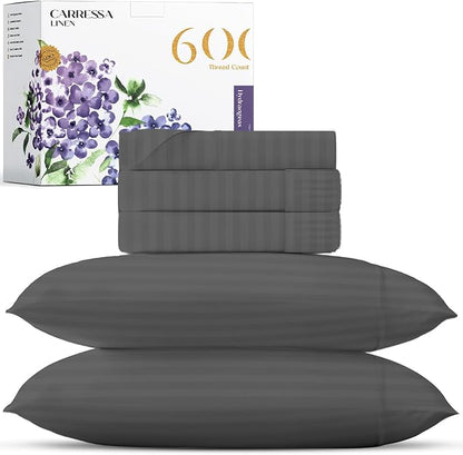 Carressa Linen Striped Split King Sheets Sets for Adjustable Bed - 100% Egyptian Cotton 600 Thread Count 5 PC Top Split King Sheet (Dark Grey), 16" Deep Pocket Soft Cooling Luxury Hotel Damask Sheets