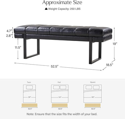 HULALA HOME 53" Faux Leather Entryway Bench, Button Tufted End of Bed Bench Ottoman for Bedroom, Living Room with Metal Base,Black