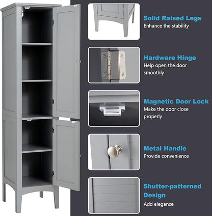 Tangkula Tall Bathroom Storage Cabinet, 5-Tier Wooden Freestanding Tower Cabinet Floor Organizer, Narrow Storage Floor Cabinet w/2 Doors & Shelves for Bathroom Living Room Kitchen (Grey)