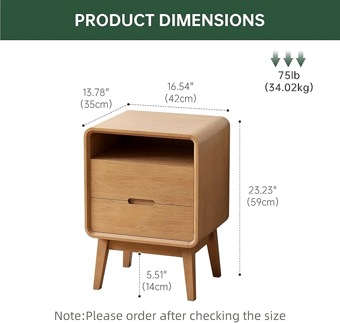 100% Solid Oak Wood Nightstand with 2 Drawers, Mid Century Modern Night Stand with Open Shelf, Wooden Nightstand, Small Night Stand for Small Spaces, Oak Bedside Table for Bedroom(23.23" H)
