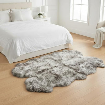 Super Area Rugs Premium Genuine Sheepskin Rug 4' x 6' Long Fur Soft & Natural Shaggy Living Room Rug, Wolf Tip Brown, Four Pelt