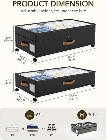 4 Pack Under Bed Storage with Wheels, Adjustable Height Storage Containers, 10 inches Large Capacity Rolling Underbed with Lids, Storage Drawers Shoes, Clothes, Blankets, Black