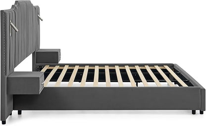 King Size Bed Frame with Storage, Luxury King Platform Bed Frame with Headboard, Velvet Fabric Upholstered Bedframe with LED Lights, Solid Frame & Bedside Table, No Box Spring Needed, Gray
