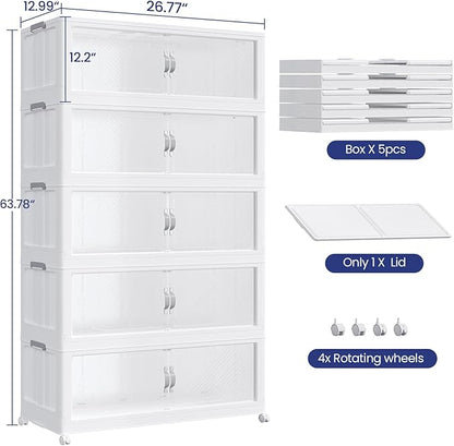 600QT Plastic Stackable Storage Bins with Lid, 150GAL Extra Large Collapsible Box with Wheels Clear Door, Foldable Closet Organizer Container Cabinet Drawer for Home Kitchen，5Pack, White