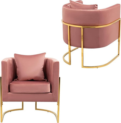 Velvet Modern Accent Chairs Set of 2, Upholstered Barrel Armchair Mid Century with Pillow for Living Room, Comfy Single Vanity Chair with Metal Gold Legs for Bedroom, Pink