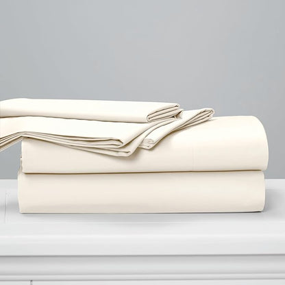 Cuddledown Dreamstead 100% Cotton Bed Sheets Set | 300 Thread Count | Luxurious Sateen Weave | Pure Combed Cotton | Soft | Wrinkle Resistant | 4 Piece Set | Ivory | King | 78” x 80”