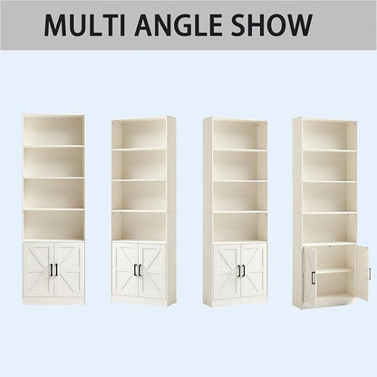 RWYHG 70in Tall Bookshelf 6 Tier Bookcase with Barn Doors and Adjustable Shelf, White Farmhouse Book Shelves with Storage Cabinet