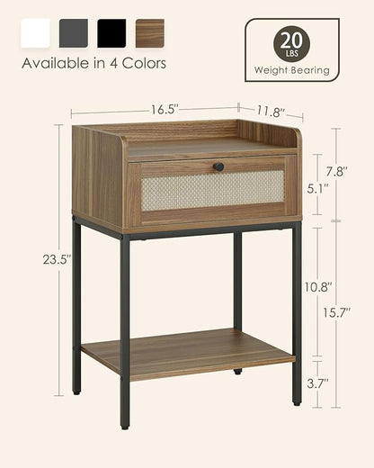 Masupu Rattan Nightstand,3-Tier Modern Bedside Night Stand with Storage Drawer and Shelf,Small End Side Table for Bedroom,Living Room,Walnut Brown (Without Outlet, Brown)