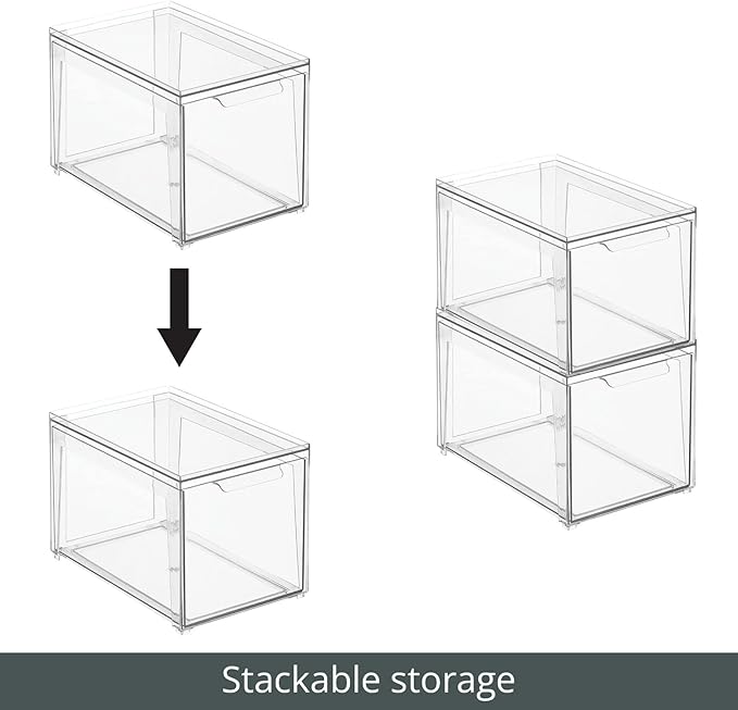 mDesign Plastic Stackable Bathroom Storage with Pull Out Bin Organizer Drawer for Cabinet, Vanity, Shelf, Cupboard, Cabinet, or Closet Organization - Lumiere Collection - Clear