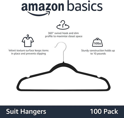 Amazon Basics Slim Velvet, Non-Slip Suit Clothes Hangers, Pack of 100, Black
