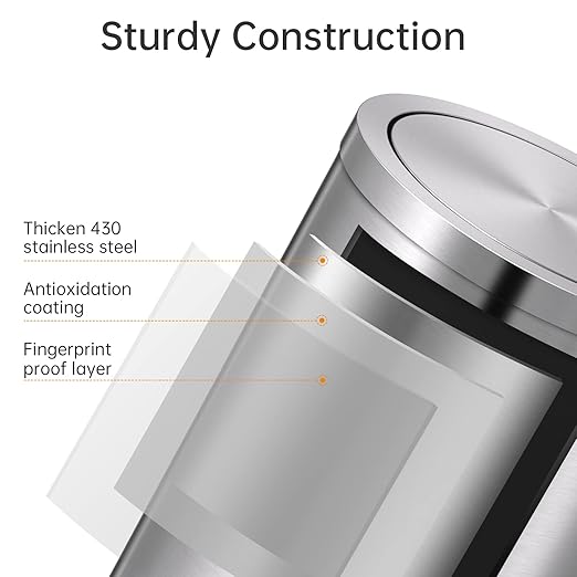 Mbillion Small Trash Can with Swing Lid 2.4 Gallons/9 Liter, Mini Trash Can with lid, Stainless Steel Cylindrical Garbage Can for Home and Office, for Ground and Desktop(Brushed Silver)