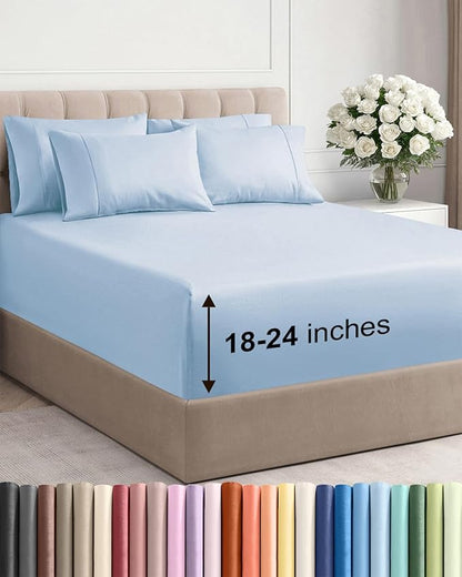 Extra Deep King Sheet Set - 6 Piece Breathable & Cooling Sheets - Hotel Luxury Bed Sheets Set - Easy & Secure Fit - Soft, Wrinkle Free & Comfy Sheets Set - Sky Blue Sheet Set with Extra Deep Pockets