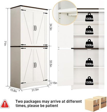 71" Tall Kitchen Pantry,Farmhouse Storage Cabinet with Adjustable Shelves,Load-Bearing Steel Pipe,Farmhouse Pantry Cabinet with 4 Barn Doors,for Kitchen,Dining Room,Living Room(Rustic White)