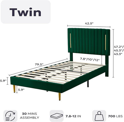 Twin Platform Bed Frame, Velvet Upholstered Bedframe with Vertical Channel Adjustable Headboard, Golden Plating Trim, Mattress Foundation with Wooden Slats, No Box Spring Needed, Green