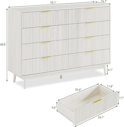 LYNSOM Fluted Dresser and Nightstand Sets 3 Piece, 9-Drawers Dresser and 1-Drawer Nightstands Set of 2, Wood Bedroom Furniture Set for Home, Bedroom, Hallway, White