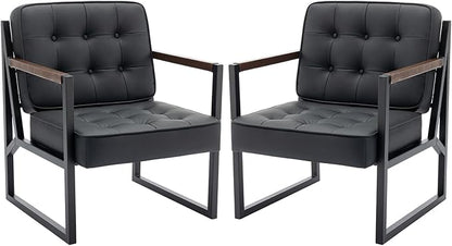 COLAMY Mid Century Modern Accent Chair Set of 2, Comfy Living Room Chair, Black Leather Accent Chair, Faux Leather Reception Armchair with Metal Legs for Living Room Bedroom Reception Office, Black