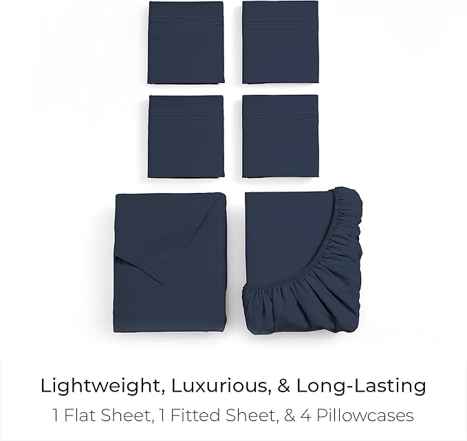 Mellanni Full Sheet Set - 6-Piece Iconic Collection Bedding, (Including 4 Pillowcases), 16-Inch Deep Pocket, Easy Care, Extra Soft, Cooling Sheets, Brushed Microfiber - Navy Blue