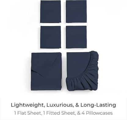 Mellanni King Sheet Set - 6-Piece Iconic Collection Bedding, (Including 4 Pillowcases), 16-Inch Deep Pocket, Easy Care, Extra Soft, Cooling Sheets, Brushed Microfiber - Navy Blue