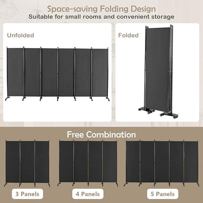 GOFLAME 6 Panel Folding Room Divider, 6FT Rolling Privacy Screen with Lockable Wheels, Portable Room Partition Screen, Freestanding Wall Divider and Separator for Home Office, Grey