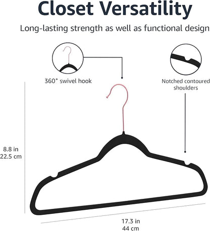 Amazon Basics Slim, Velvet, Non-Slip Suit Clothes Hangers, Black/Rose Gold - Pack of 50