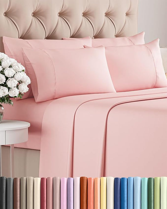 Cal King 6 Piece Sheet Set - Cooling, Comfy & Breathable - Hotel Luxury Bedding, Includes Fitted Sheet for Women, Men, Kids & Teens - 1 Flat, 1 Fitted Sheet, 4 Pillowcases w/Deep Pockets - Baby Pink