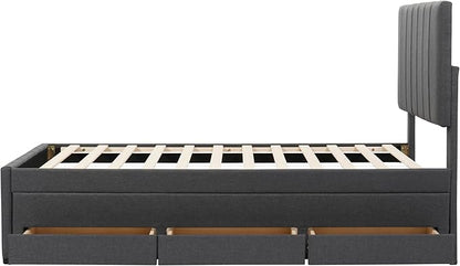 Twin Size Bed Frame with Trundle Bed and Storage Drawers,Linen Upholstered Bed Frame,Twin Size Trundle Bed with Adjustable Headboard,Upholstered Platform Bed Twin for Kids Teens Adults,Gray