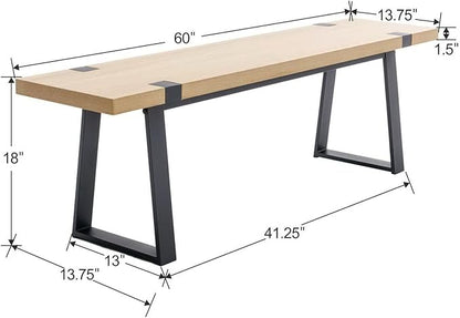 Wooden Dining Bench 60” Industrial Table Benches, Seating Chair Rustic Indoor Benches, Mid Century Kitchen Bench with Metal Legs, Light Oak