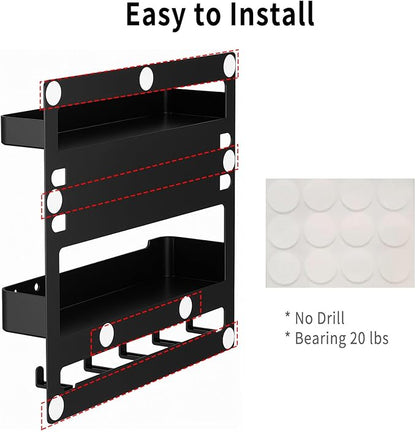 Adhesive Bedside Wall Shelf Organizer with 5 Hooks and Cable Clips, Plastic Wall Storage Holder for Phone, Remote Control, Earphone, Kindle, Keys – Bedroom, Dorm, RV (Black)