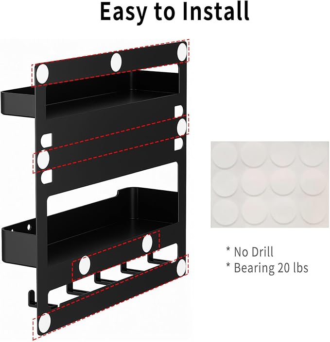 Bedside Wall Shelf Organizer with 5 Hooks & Cable Clips, Plastic Adhesive Wall Mount Storage Rack for Phone, Remote, Earphones, Kindle, Bedroom, Dorm, RV (Clear)