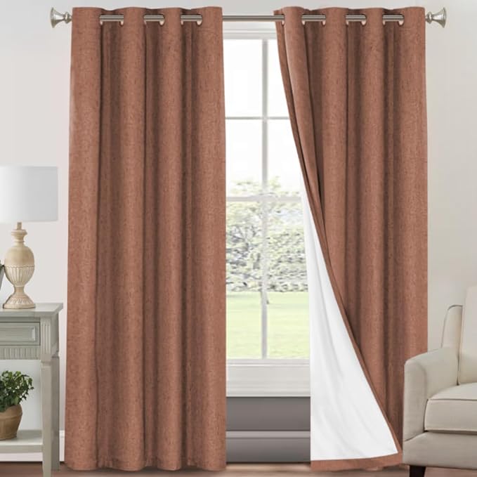 PrinceDeco Linen 100% Blackout Curtains 84 Inches Length 2 Panels Set Grommet Linen Textured Curtains for Bedroom Soundproof Window Treatment Drapes with White Liner, 42" Wide Per Panel, Washed Spice