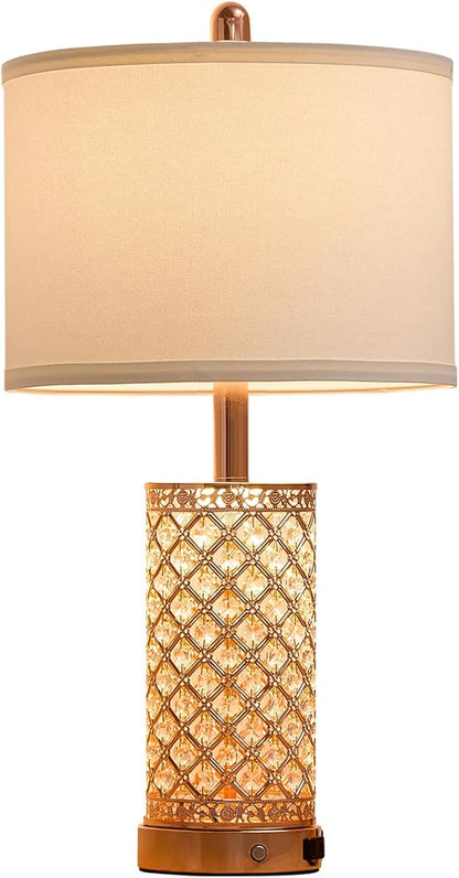 Crystal Table Lamps 3-Way Dimmable Bedroom Lamp with 2 USB Ports & AC Outlets for Living Room Retro Bedside Nightstand Lamp Night Light (Rose Gold- 1 Pack 24In)