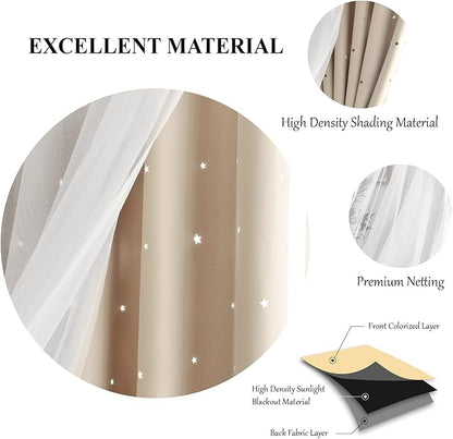 Star Double Layer Blackout Curtains for Bedroom, Kids - Cute, 96 Inches Long, 2 Panels Set, Beige, 42 X 96 Inches