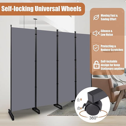 Room Divider Folding Privacy Screens with Wheels, 6FT Tall Divider for Room Separation, Movable Room Partitons and Dividers, Indoor Room Dividers Panel with Fabric (Grey, 4 Panel-88‘’-Wheels)