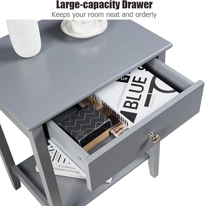 Giantex Nightstand Wooden 2-Tier Couch Sofa Side Table with Drawer, Storage Shelf, Solid Wood Legs,Mufti-Functional Home Furniture for Living Room Bedroom Study Room End Table (2, Gray)