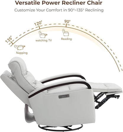 CHITA Genuine Leather Power Swivel Glider Rocker Recliner, FSC Certified Mid Century Modern Recliner Chair for Adults, Adjustable Power Headrest, for Nursery and Living Room, Creamy Grey