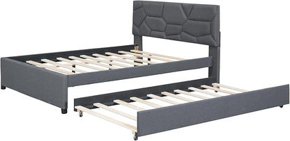 Full Size Bed Frame with Twin Size Trundle,Linen Upholstered Platform Bed Frame Full with Brick Pattern Headboard,Wood Slat Support Included,No Box Spring Needed,Easy Assembly,Gray