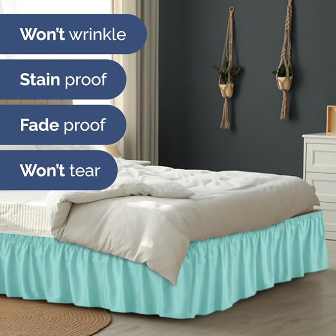 Wrap Around Dust Ruffle Bed Skirt - Spa Blue - for King Size Beds with 21 Inch Drop - Easy Fit Elastic Strap - Adjustable Pleated Bedskirt w/Brushed Fabric Wrinkle Free - for Women, Men, Kids & Teens